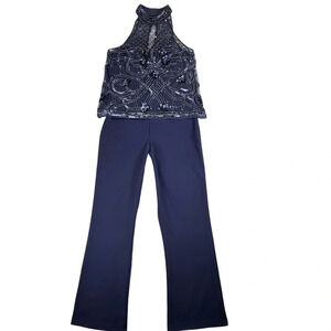 Aidan Mattox Beaded Halter Top Jumpsuit. Navy Blue. Beaded Sequin wedding gala 6